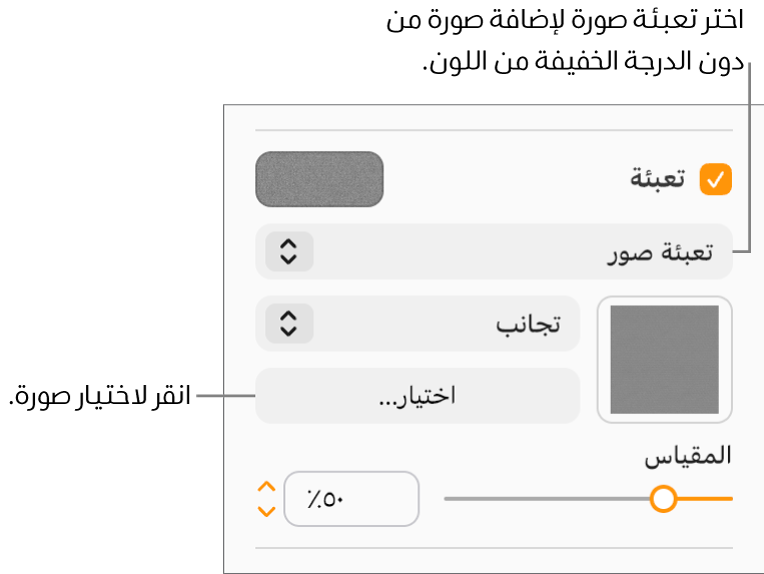 يتم تحديد خانة الاختيار "تعبئة" في الشريط الجانبي، ويتم اختيار "تعبئة الصورة" في القائمة المنبثقة أسفل خانة الاختيار. تظهر عناصر التحكم الخاصة باختيار الصورة، وكيفية تعبئتها للعنصر، ومقياس الصورة أسفل القائمة المنبثقة. تظهر معاينة تعبئة الصورة في المربع (بعد اختيار صورة).