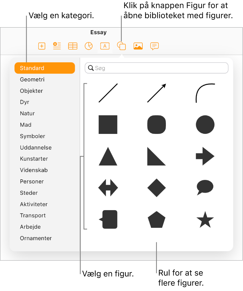 Biblioteket Figurer åbnes under knappen Figur på værktøjslinjen. Kategorien Almindelig vælges til venstre, og der vises nogle almindelige figurer (herunder cirkler, kvadrater og streger) til højre.