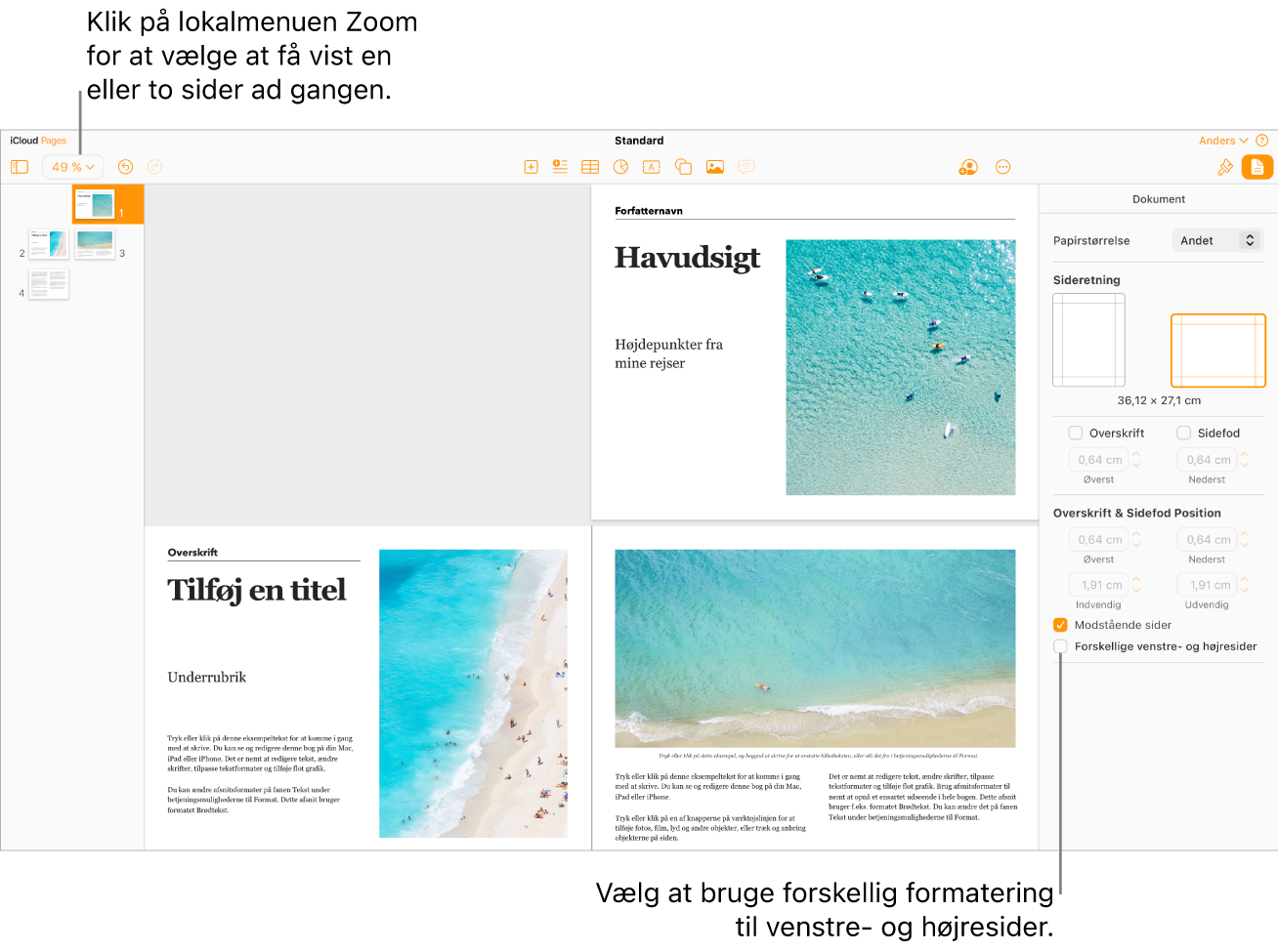Pages til iCloud-vinduet med miniaturer af sider og dokumentsider vist som opslag på to sider. I indholdsoversigten for dokumenter til højre er afkrydsningsfeltet “Forskellige venstre- og højresider” ikke valgt.