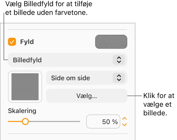 Afkrydsningsfeltet Fyld er markeret i indholdsoversigten, og Billedfyld er valgt i lokalmenuen under afkrydsningsfeltet. Indstillingerne til valg af billede, hvordan billedet udfyldes, og billedets skalering vises under lokalmenuen. Der vises et eksempel på billedet i kvadratet (når du har valgt et billede).