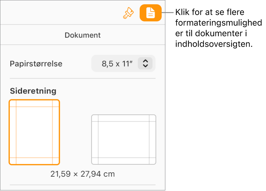 Knappen Dokument er valgt på værktøjslinjen, og funktioner til ændring af papirstørrelse og -retning vises på fanen Dokument i indholdsoversigten.