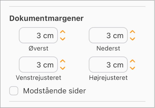 Sektionen Dokumentmargener i indholdsoversigten for dokumenter med funktioner til indstilling af øverste, nederste, venstre og højre margener.