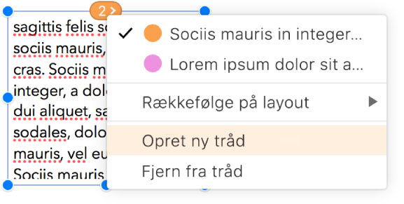 Det andet tekstfelt i en tråd vælges, og en lokalmenu ud for cirklen øverst i tekstfeltet er åben. I lokalmenuen vælges menupunktet Opret ny tråd.