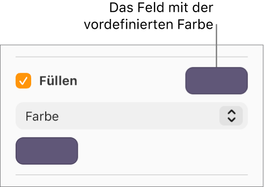 Das Markierungsfeld „Füllen“ ist aktiviert und das Feld mit der vordefinierten Farbe rechts neben dem Markierungsfeld ist mit violett gefüllt. Unter dem Markierungsfeld ist „Farbe“ im Einblendmenü ausgewählt.
