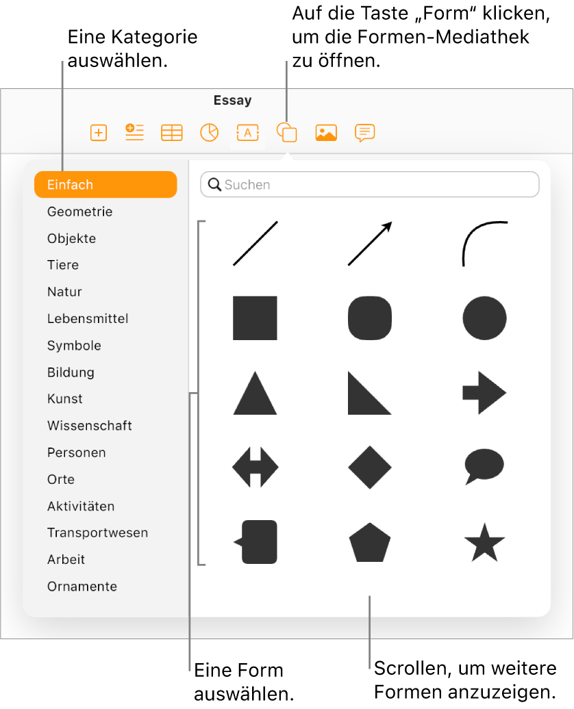 Die Formen-Mediathek ist unterhalb der Taste „Form“ in der Symbolleiste geöffnet. Die Kategorie „Einfach“ ist auf der linken Seite ausgewählt und einige gängige Formen (unter anderem Kreise, Quadrate und Linien) werden auf der rechten Seite angezeigt.