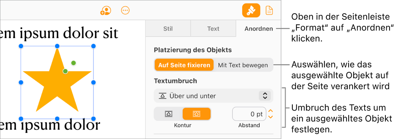 Ein Bild ist im Textkörper des Dokuments ausgewählt. Im Tab „Anordnen“ der Seitenleiste „Format“ wird angezeigt, dass die Option „Auf Seite bleiben“ für das Objekt aktiviert ist, und dass der Text über und unter dem Objekt umgebrochen wird.