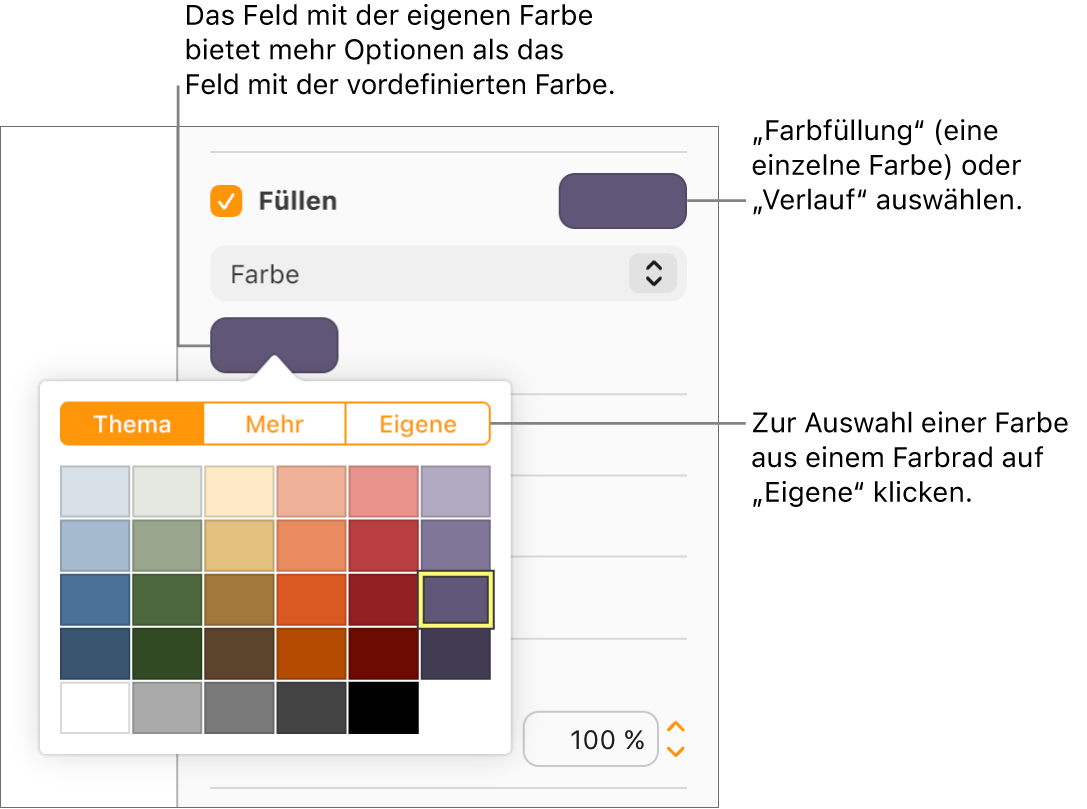 „Farbe“ ist im Einblendmenü unter dem Markierungsfeld „Füllen“ ausgewählt und das Farbfeld unter dem Einblendmenü zeigt weitere Farbfülloptionen an.