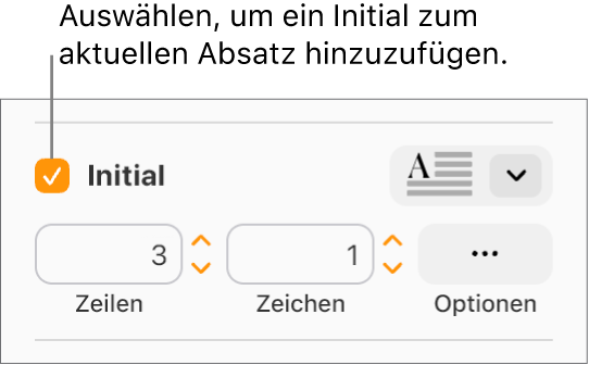 Das Feld „Initial“ ist markiert und rechts davon wird ein Einblendmenü angezeigt; Steuerelemente zur Einstellung der Zeilenhöhe, der Anzahl der Zeichen und weitere Optionen erscheinen darunter.