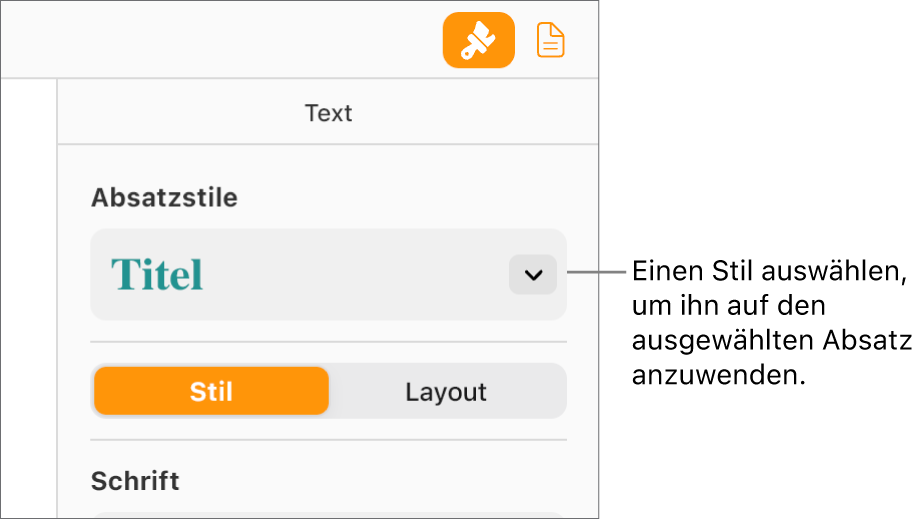 Das Einblendmenü „Absatzstile“ in der Seitenleiste „Format“. Es wurde der Überschriften Absatzstil, in rot und fett gedruckt, ausgewählt.