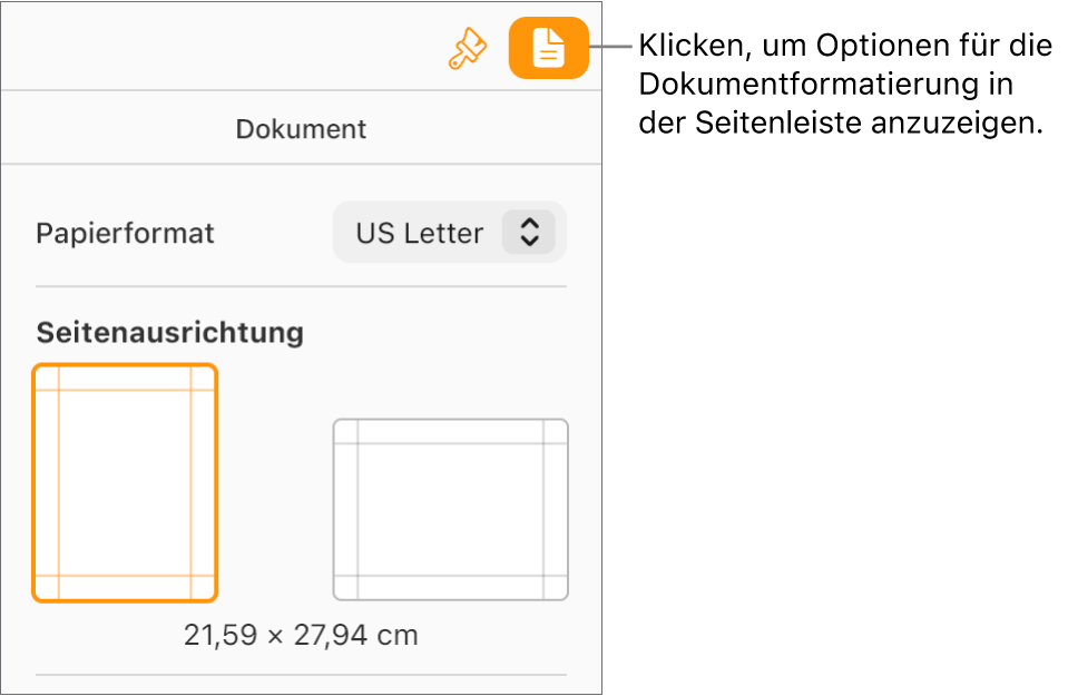 Die Taste „Dokument“ ist in der Symbolleiste aktiviert. Die Steuerelemente zum Ändern des Papierformats und der Ausrichtung erscheinen im Tab „Dokument“ der Seitenleiste.