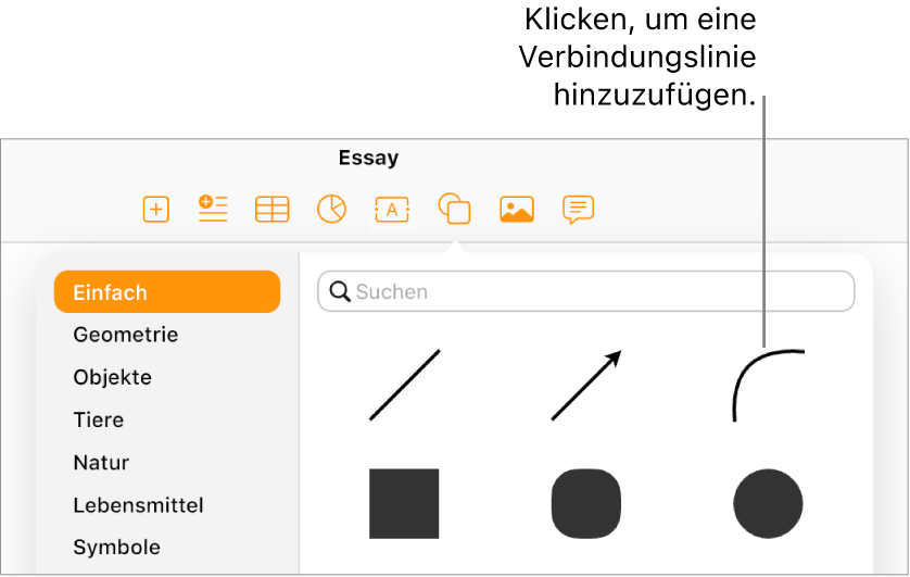 Die Formen-Mediathek ist geöffnet. Links ist „Einfach“ ausgewählt und rechts wird eine Anzahl von Linien und Formen, einschließlich einer kurvenförmigen Linie, angezeigt.