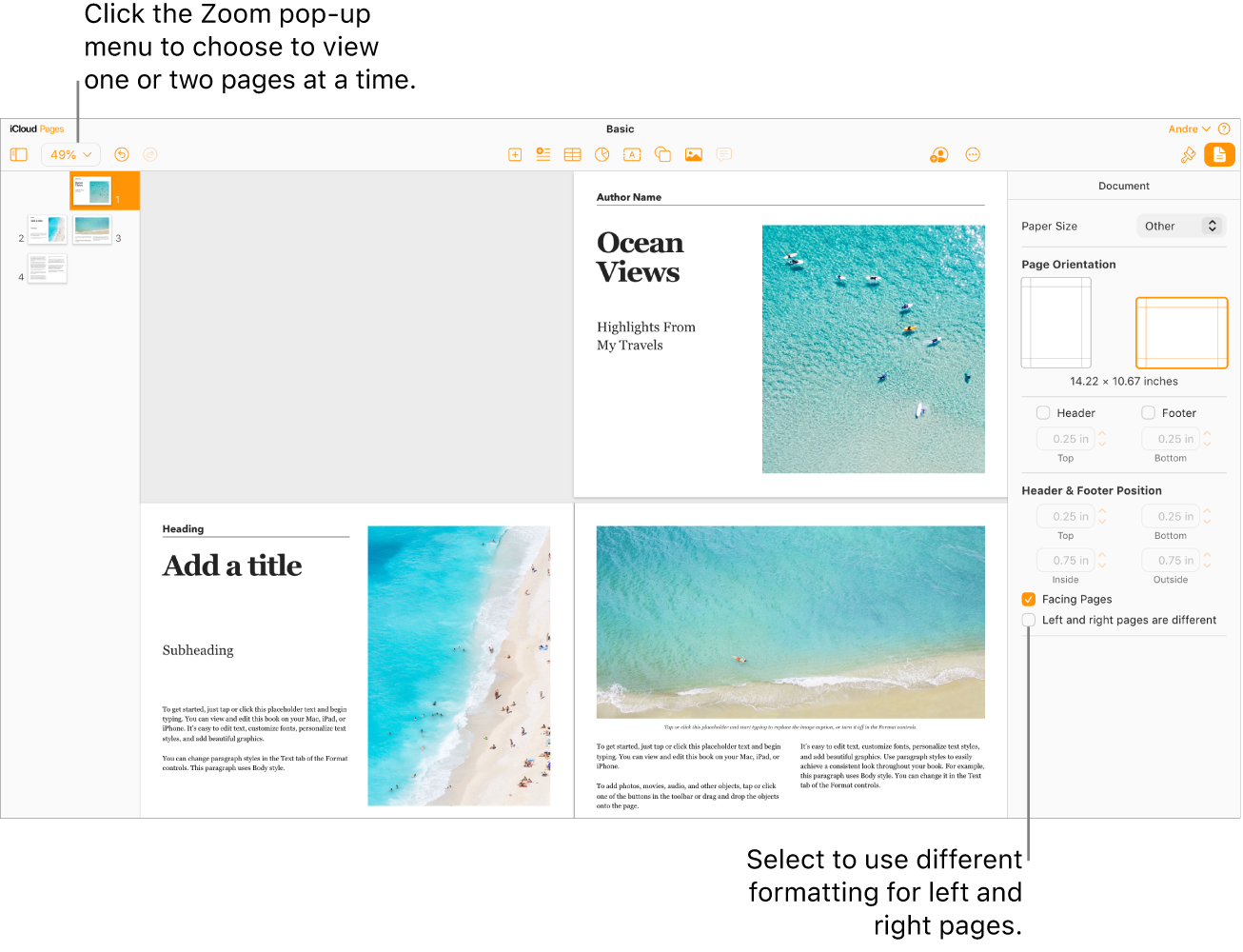 The Pages for iCloud window with page thumbnails and document pages viewed as two-page spreads. In the Document sidebar on the right, the “Left and right pages are different” checkbox is unselected.