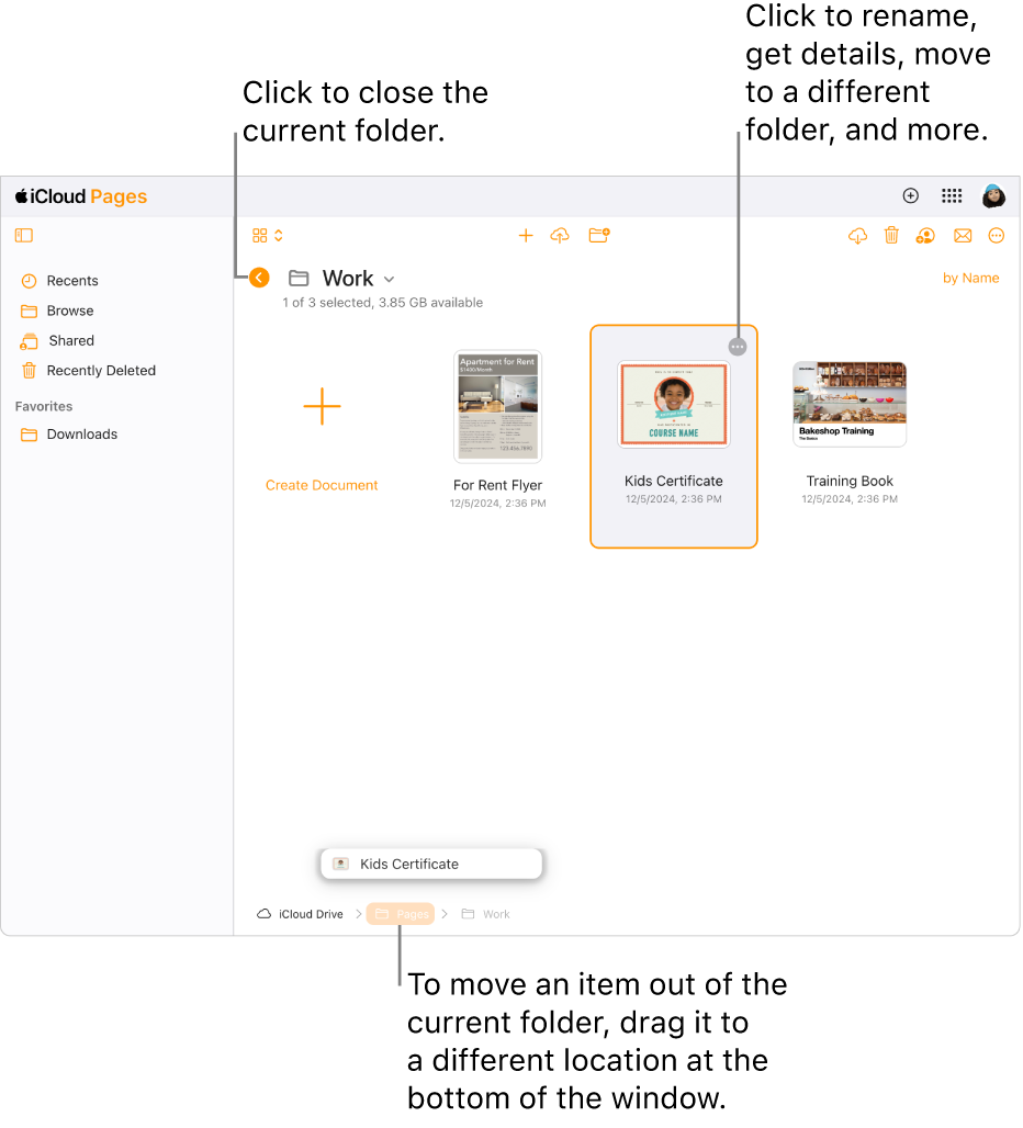 The document manager in Browse view, with a document being dragged to a new location (the Pages folder) at the bottom of the window. Below the toolbar, a Back button appears to the left of the current folder name (Work).