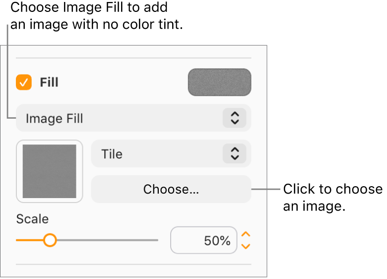 The Fill checkbox is selected in the sidebar, and Image Fill is chosen in the pop-up menu below the checkbox. Controls for choosing the image, how it fills the object, and the image’s scale appear below the pop-up menu. A preview of the image fill appears in the square (after an image is chosen).