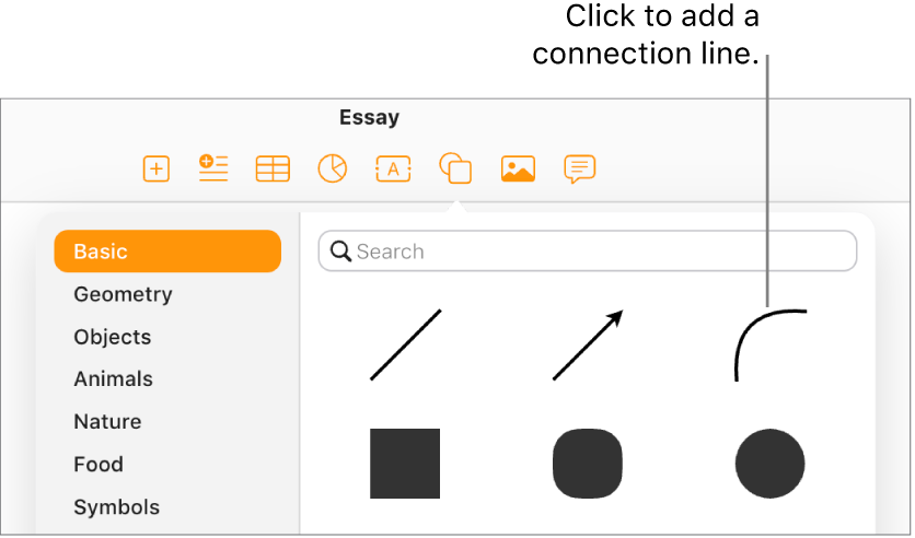 The shapes library is open, with Basic selected on the left and a number of lines and shapes, including a curved line, visible on the right.