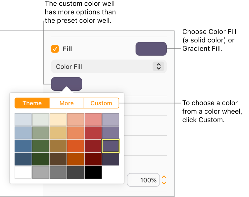 Color Fill is selected in the pop-up menu below the Fill checkbox, and the color well below the pop-up menu shows additional color fill options.