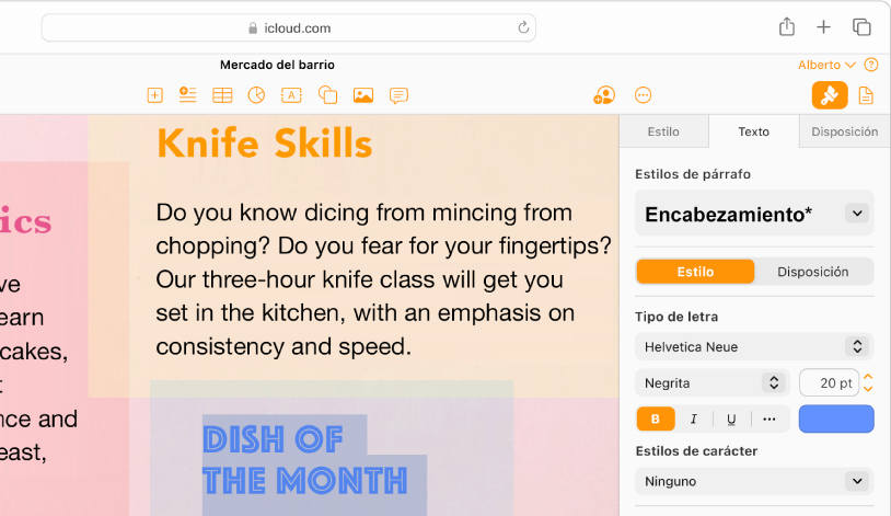 Un documento con algún texto seleccionado. Las opciones para cambiar la fuente, el color, el tamaño y más del texto seleccionado aparecen en la barra lateral Formato a la derecha.