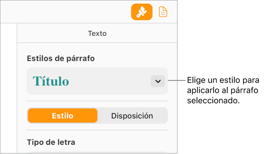 Menú emergente “Estilos de párrafo” en la barra lateral Formato. Está seleccionado el estilo de párrafo Cabecera con fuente roja en negrita.