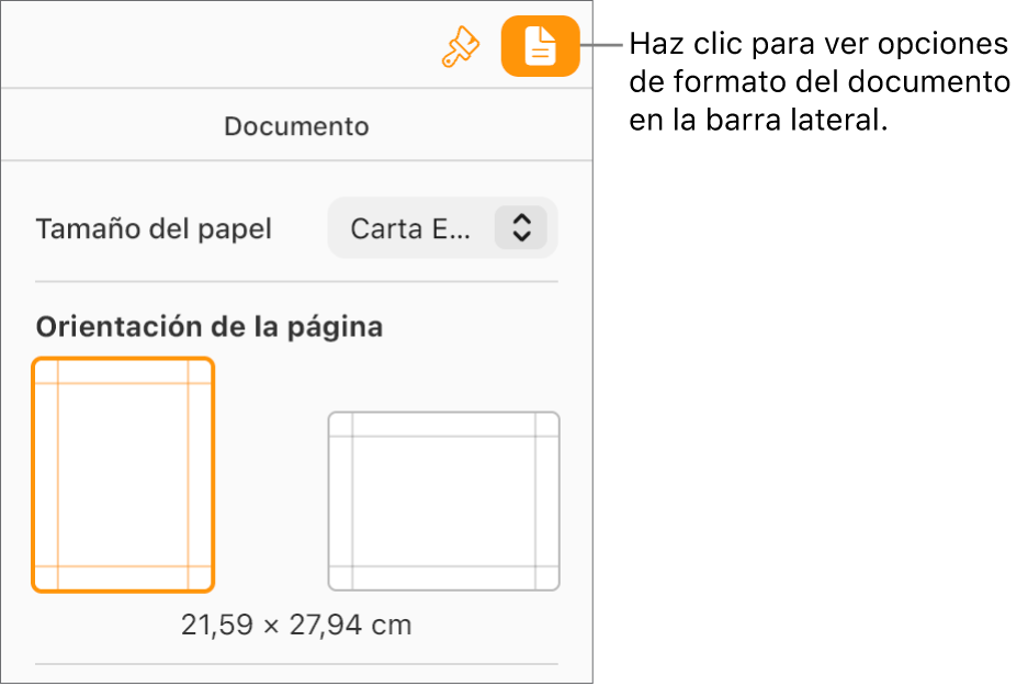 El botón Documento está seleccionado en la barra de herramientas; se muestran los controles para cambiar el tamaño y la orientación del papel en la pestaña Documento de la barra lateral.