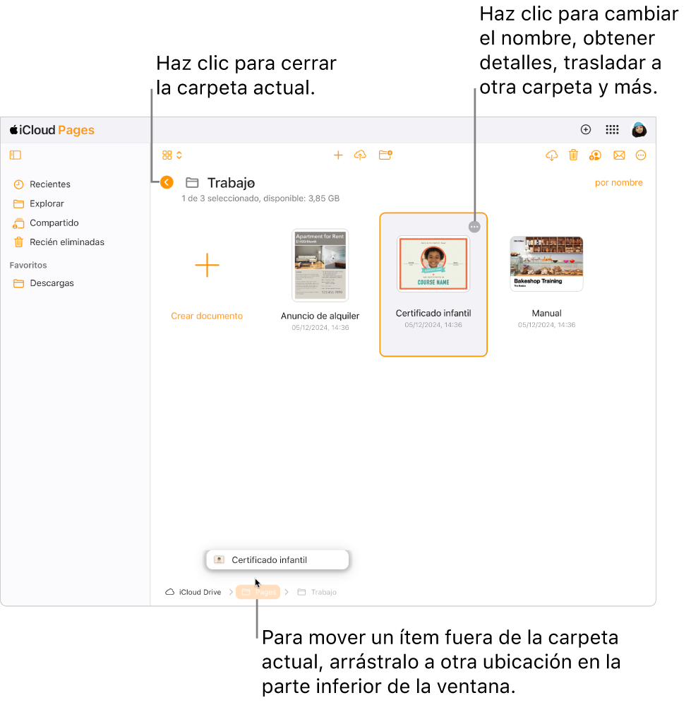 El gestor de documentos en vista de exploración. con un documento que se está arrastrando a una nueva ubicación (la carpeta Pages) en la parte de debajo de la ventana. Debajo de la barra de herramientas, aparece un botón Atrás a la izquierda del nombre de carpeta actual (Work).