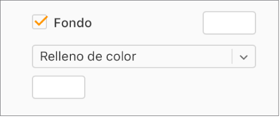 La casilla Fondo está seleccionada en la barra lateral y la paleta de colores predefinidos de la derecha muestra el color blanco. Debajo de la casilla, Relleno de color está seleccionado en un menú emergente y, debajo, la paleta de colores personalizados muestra el color blanco.