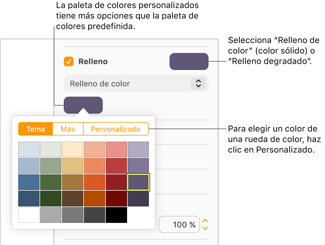 “Relleno de color” está seleccionado en el menú emergente debajo de la casilla Relleno y la paleta de colores que hay debajo muestra opciones de relleno de color adicionales.