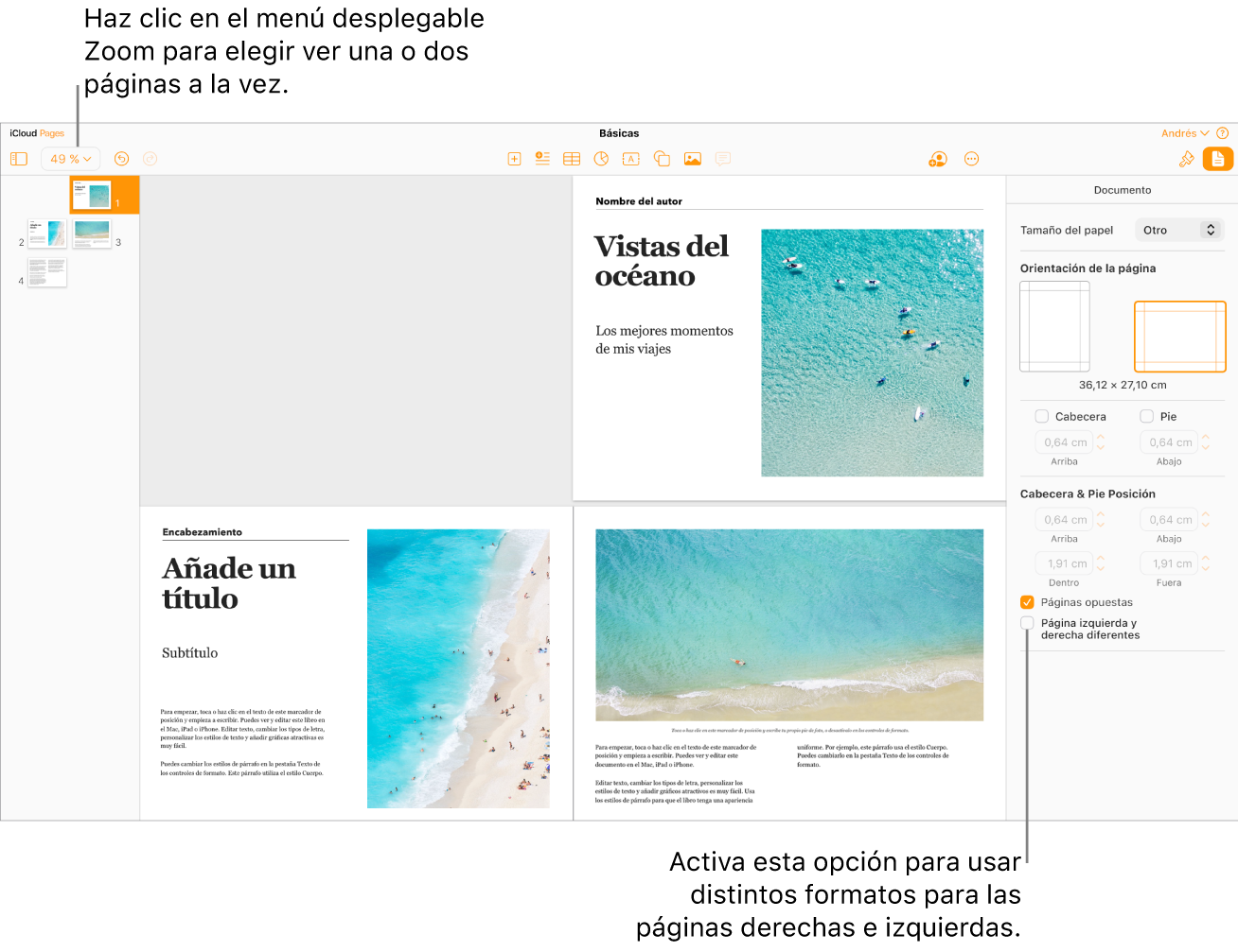 La ventana de Pages para iCloud con las miniaturas de páginas y las páginas del documento en vista de doble página. En la barra lateral Documento de la derecha, está sin activar la casilla “Páginas izquierda y derecha diferentes”.