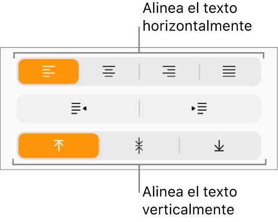 Los botones de alineación de texto verticales y horizontales de la barra lateral Formato.