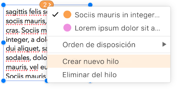 Está seleccionado el segundo cuadro de texto de un subproceso y un menú emergente junto al círculo de la parte superior del cuadro de texto está abierto. En el menú emergente, el elemento del menú Crear subproceso está seleccionado.