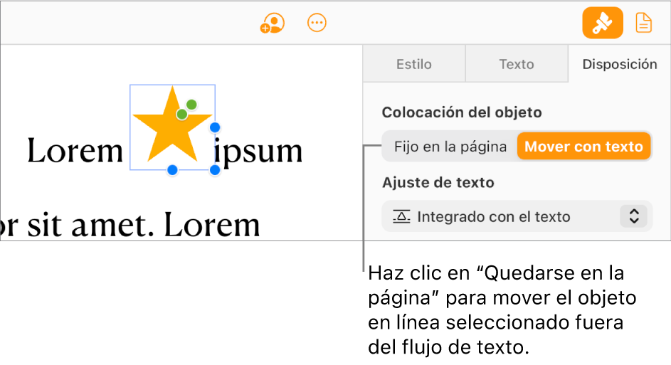 Hay una imagen integrada seleccionada dentro del cuerpo del documento y el botón “Fijo en la pág.” está visible en la pestaña Disposición de la barra lateral.