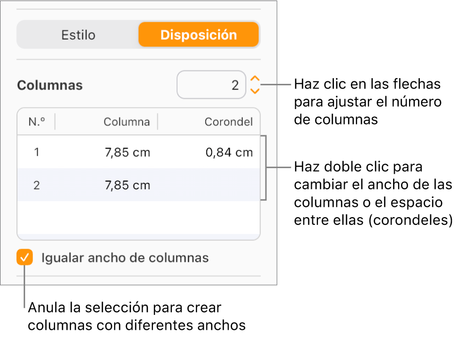 Controles de columna de texto en la sección Disposición de la barra lateral Formato.