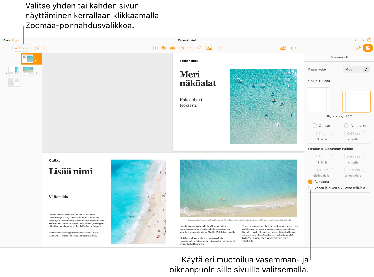 iCloudin Pages -ikkunassa näkyvät sivun miniatyyrit ja dokumentin sivut kahden sivun aukeamina. Oikealla olevassa Dokumentti-sivupalkissa valintaneliö Vasen ja oikea sivu ovat erilaisia on valitsematta.