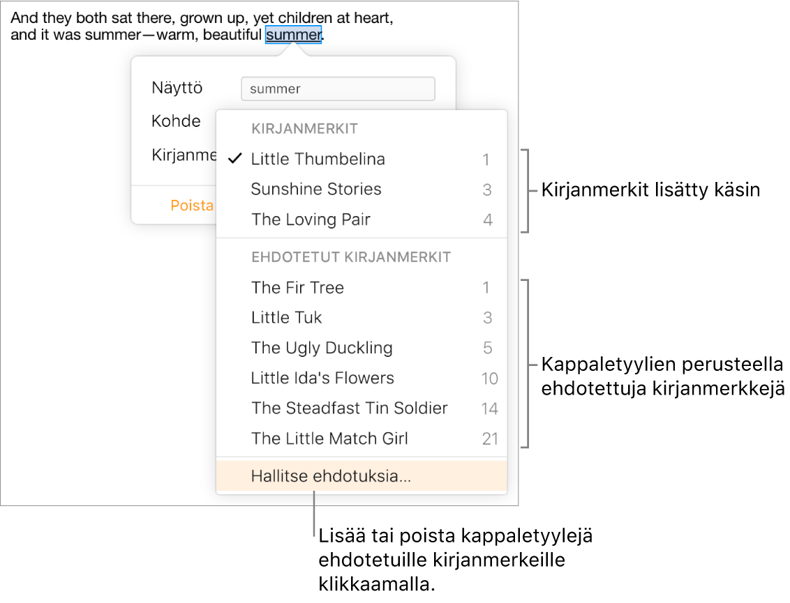 Kuvassa on kirjanmerkkiluettelo, jossa on manuaalisesti lisättyjä kirjanmerkkejä yläosassa ja ehdotettuja kirjanmerkkejä alaosassa. Ponnahdusvalikon yläosassa on valittuna Hallitse ehdotuksia -kohta.