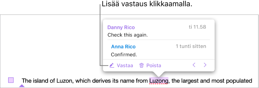 Kuvassa on kommentti, jossa on yksi vastaus ja jossa näkyy Vastaa-linkki vasemmalla alhaalla.