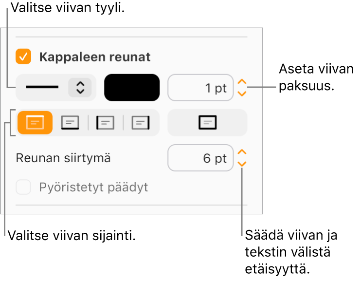 Kappaleen reunat ‑valintaneliö on valittu Muoto-sivupalkin Asettelu-välilehdellä. Valintaneliön alapuolella näytetään säätimet, joilla voi muuttaa viivan tyyliä, väriä, paksuutta, sijaintia ja tekstiin jätettävää väliä.