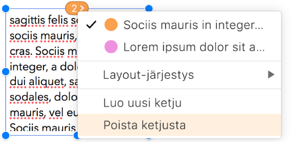 Viestiketjun toinen tekstilaatikko on valittu. Tekstilaatikon yläosan ympyrän vieressä oleva ponnahdusvalikko on avoinna. Ponnahdusvalikosta on valittu kohta Poista ketjusta.