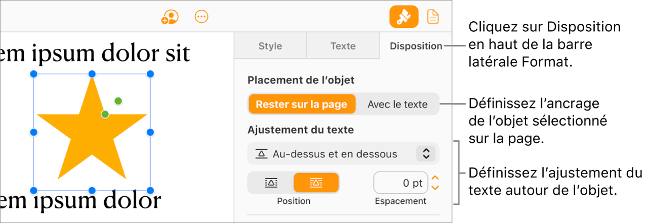 Une image est sélectionnée dans le corps du document. L’onglet Disposition de la barre latérale Format indique que l’objet est configuré pour Rester sur la page avec un ajustement du texte au-dessus et au-dessous de l’objet.