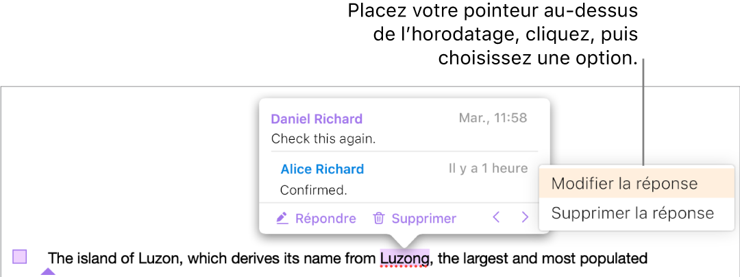 Un commentaire avec une réponse et le pointeur placé sur l’horodatage de la réponse. Un menu local propose deux options : Modifier la réponse et Supprimer la réponse.