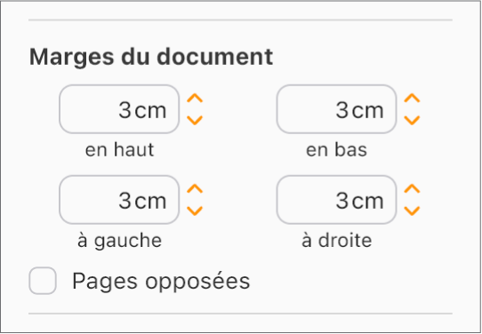 Section Marges du document de la barre latérale Document et commandes de réglage des marges du haut, du bas, de gauche et de droite.
