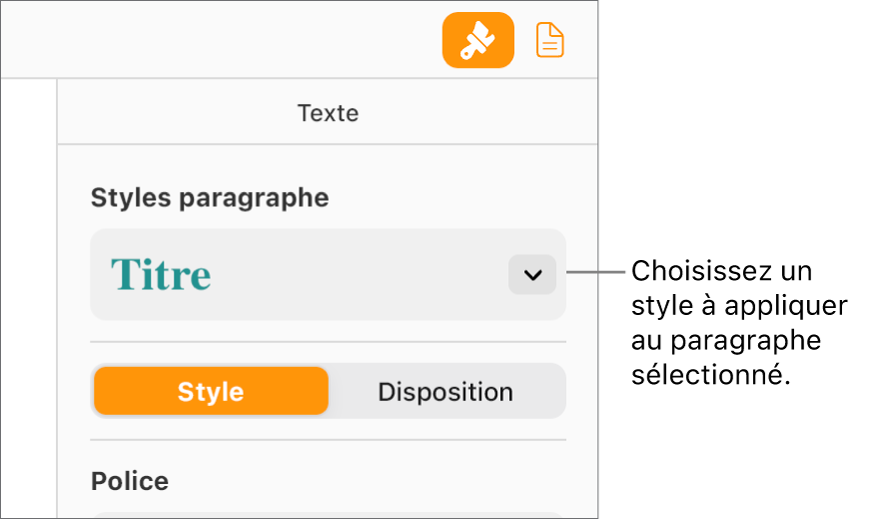 Le menu local des Styles de paragraphe dans la barre latérale Format. Le style de paragraphe En-tête, de couleur rouge et avec des caractères gras, est sélectionné.