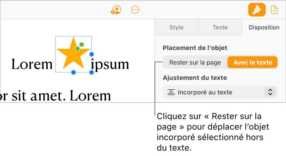 Une image incorporée au corps du document est sélectionnée et le bouton Rester sur la page est proposé dans l’onglet Disposition de la barre latérale.