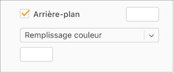 La case Arrière-plan est cochée dans la barre latérale et le cadre de couleur prédéfini sur la droite de la case est rempli en blanc. Sous cette case, l’option « Remplissage couleur » est sélectionnée dans le menu local et au-dessous, le cadre de couleur personnalisé est rempli en blanc.