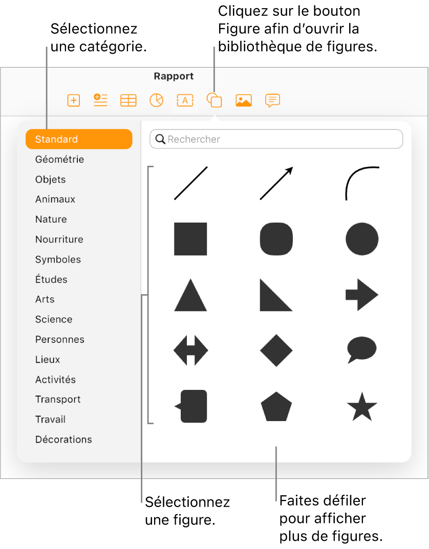 La bibliothèque de figures s’affiche sous le bouton Figure dans la barre d’outils. La catégorie Standard est sélectionnée à gauche et des figures courantes, telles que des cercles, des carrés et des lignes, s’affichent à droite.