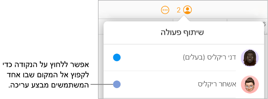 התפריט ״שיתוף פעולה״ פתוח, עם שני משתתפים ונקודה בצבע אחר לצד כל שם.