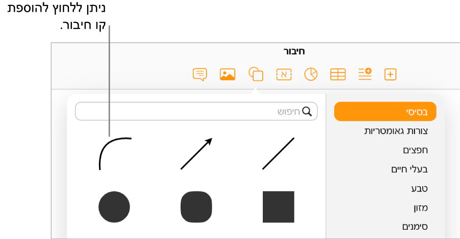 ספריית הצורות פתוחה, הקטגוריה ״בסיסי״ נבחרה מצד ימין ומספר שורות וצורות, כולל קו מעוקל, גלויות מצד שמאל.