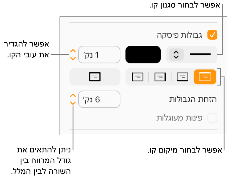 תיבת הסימון ״גבולות פסקה״ נבחרת בכרטיסיה ״פריסה״ בסרגל הצד ״עיצוב״ ופקדים לשינוי הסגנון, הצבע, העובי, המיקום וההיסט של הקו מהמלל מוצגים מתחת לתיבת הסימון.