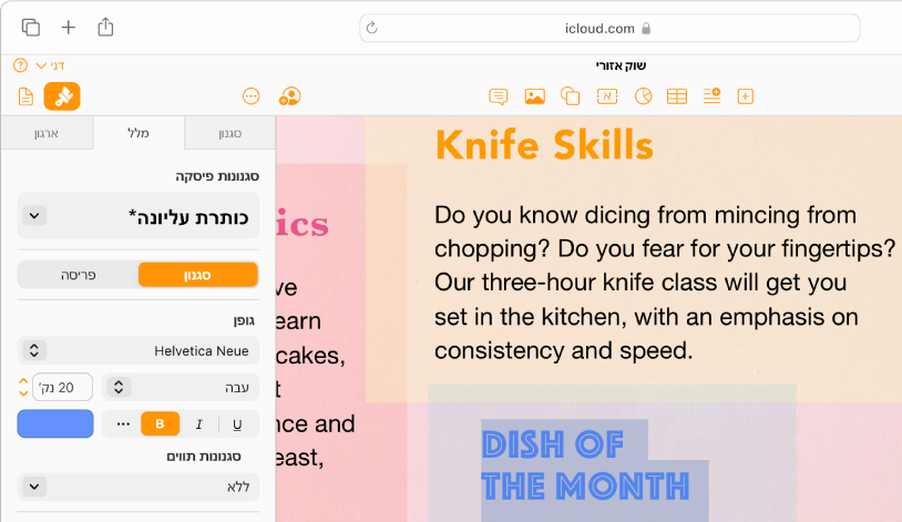 מסמך עם טקסט שנבחר. אפשרויות לשינוי הגופן, הצבע, הגודל ותכונות אחרות של המלל שנבחר מופיעות בסרגל הצד "עיצוב" מימין.