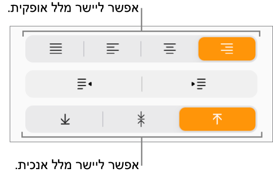לחצני היישור האנכי והאופקי של מלל בסרגל הצד ״עיצוב״.