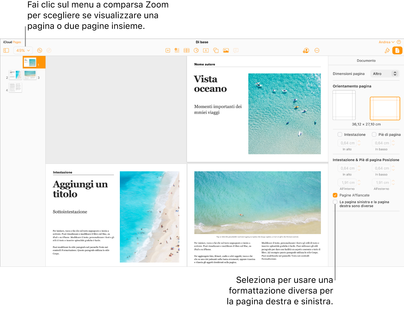 La finestra di Pages per iCloud con miniature pagina e le pagine del documento visualizzate come pagine affiancate. Nella barra laterale Documento sulla destra, è deselezionata il riquadro “Destra e sinistra diverse”.