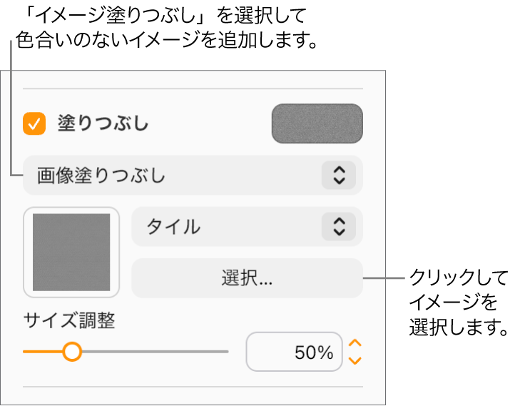 サイドバーで「塗りつぶし」チェックボックスが選択され、チェックボックスの下のポップアップメニューで「画像塗りつぶし」が選択されている。画像、オブジェクトを塗りつぶす方法、および画像のサイズ調整を選択するためのコントロールが、ポップアップメニューの下に表示されます。画像塗りつぶしのプレビューが正方形の中に表示されます(画像の選択後)。